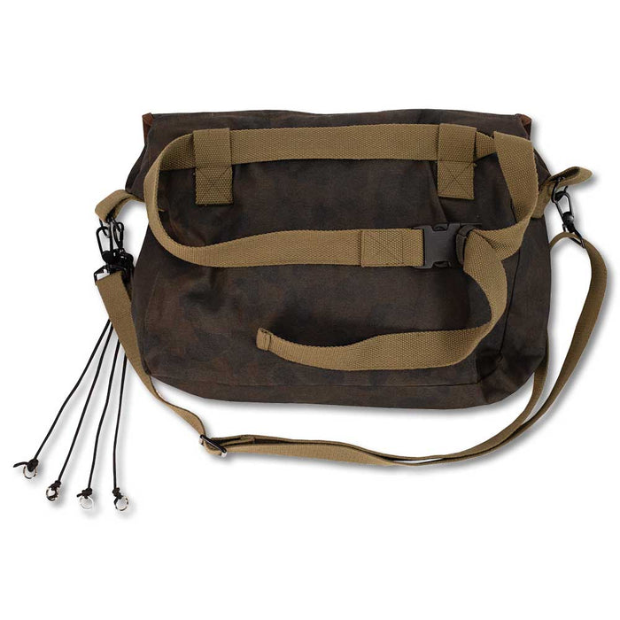 Kevin's waxed camo game bag with adjustable tan webbing straps, side clips, and a durable, versatile field design.