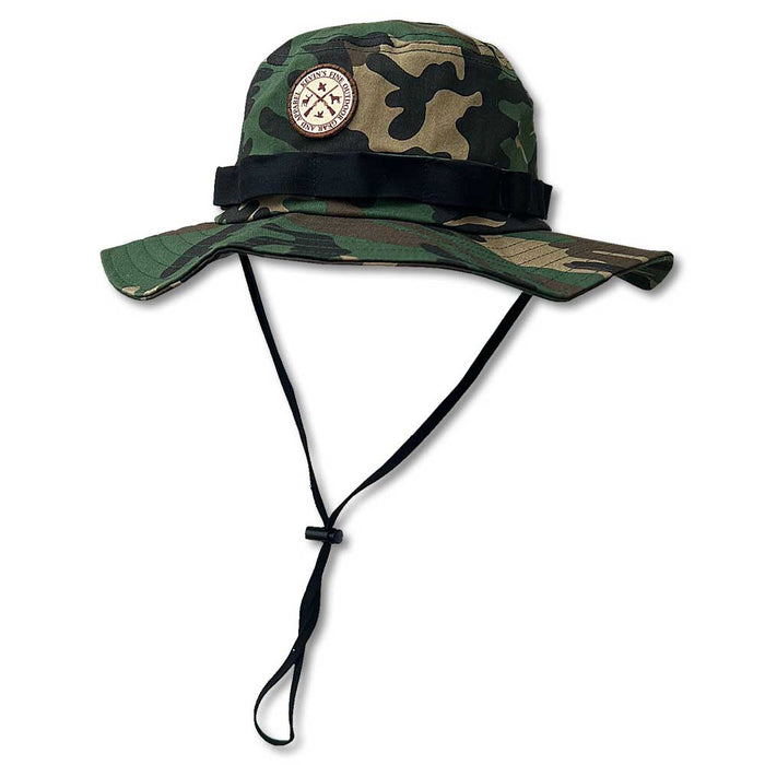Camo cotton twill boonie hat with a full brim, black chin strap, and a circular Kevin's outdoor patch on the front.