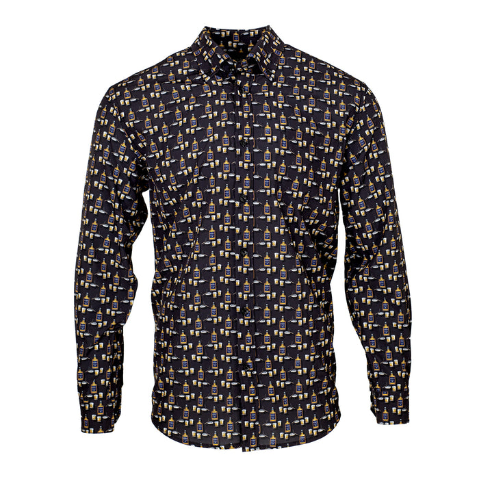 Smoke-colored long sleeve performance shirt with a bourbon bottle and glass print in a tailored, moisture-wicking fabric.