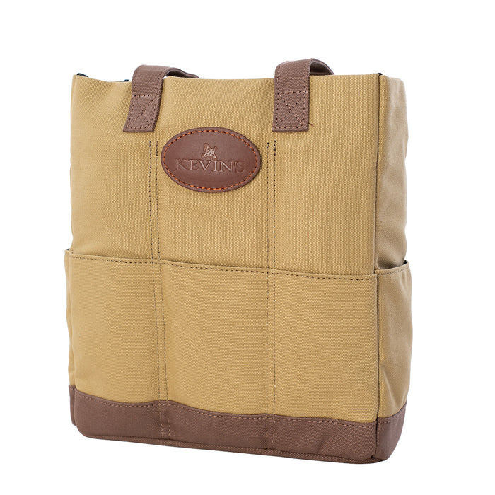 Tan canvas three-bottle wine tote with brown leather accents, sturdy handles, and exterior storage pockets.