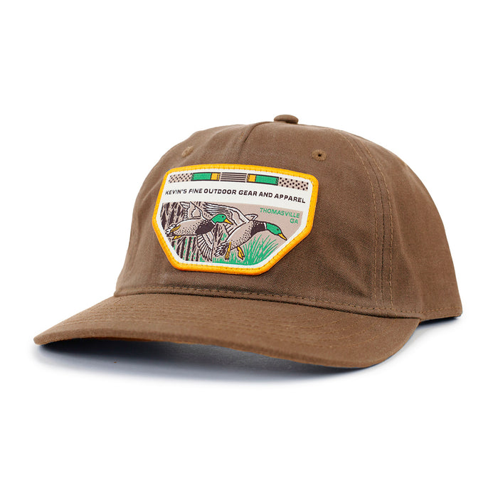 Brown waxed cotton Richardson 436 cap featuring a Casey Underwood mallard duck patch and pre-curved visor.