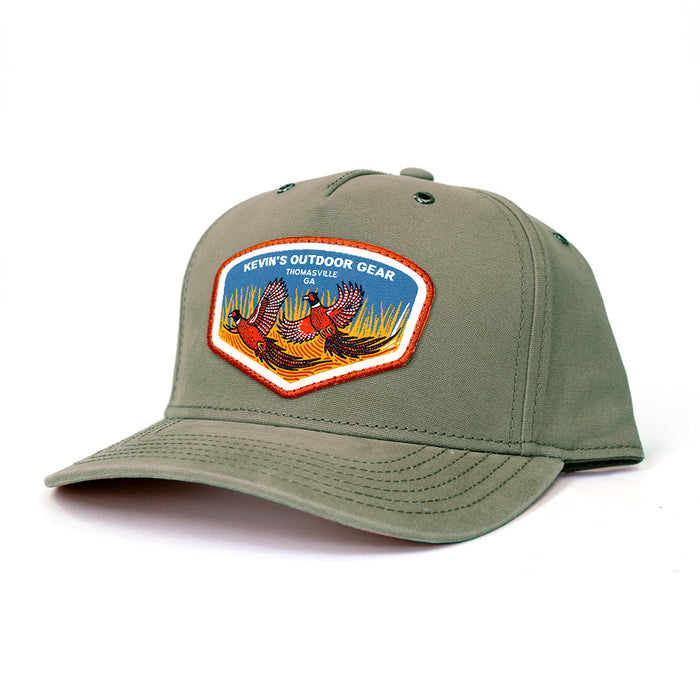 Olive green brushed canvas five-panel cap featuring a colorful pheasant embroidered patch and durable stitched brim.