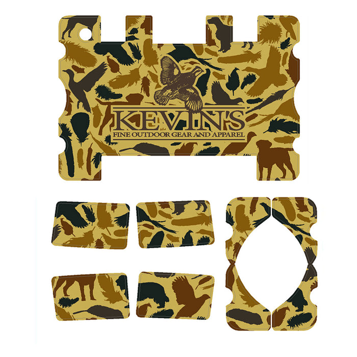 Turtlebox speaker skin set in Kevin’s vintage camo print with dog and feather motifs and Kevin's logo branding.