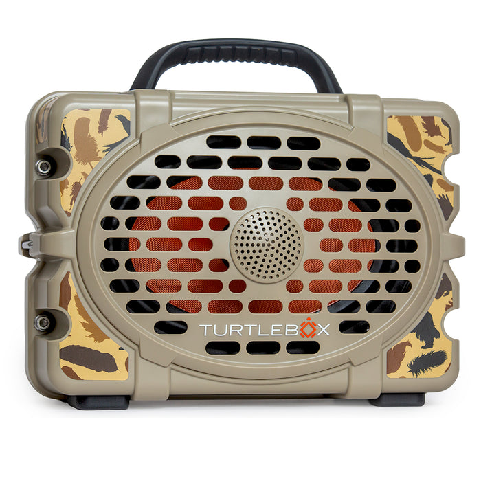 Turtlebox Gen 3 speaker with a vintage camo feather skin, tan casing, and a vibrant orange speaker grille.