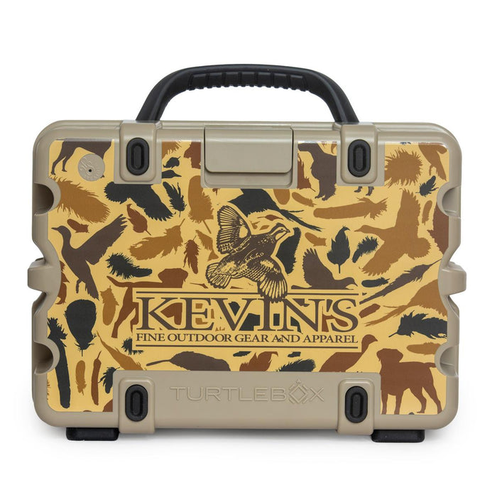 Turtlebox Gen 3 speaker featuring a vintage camo skin with Kevin’s Fine Outdoor Gear logo and bird hunting silhouettes.