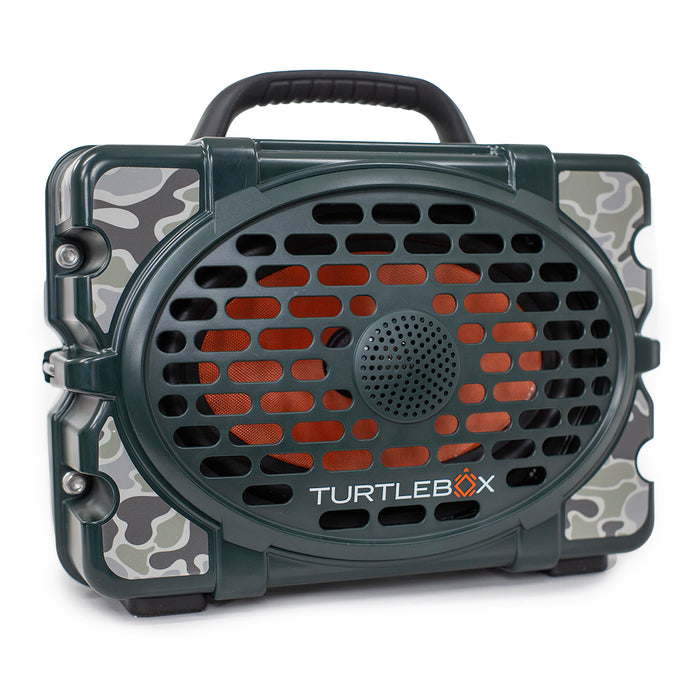 Turtlebox Gen 3 speaker featuring a custom vintage camo skin with green, grey, and white tones on a dark green frame.