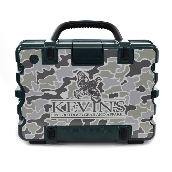Turtlebox Gen 3 speaker featuring a vintage camo skin with a Kevin's Fine Outdoor Gear logo and quail graphic.
