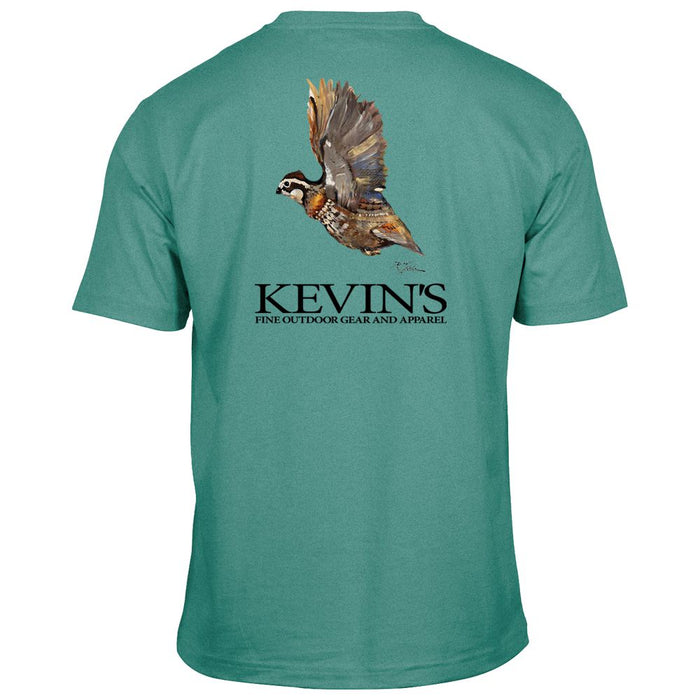 Teal Comfort Colors cotton t-shirt featuring Dirk Walker flying quail artwork and Kevin's logo on the back.