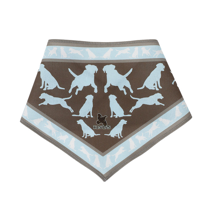 Brown dog bandana featuring a light blue repeating Labrador silhouette pattern and a central Kevin's logo patch.