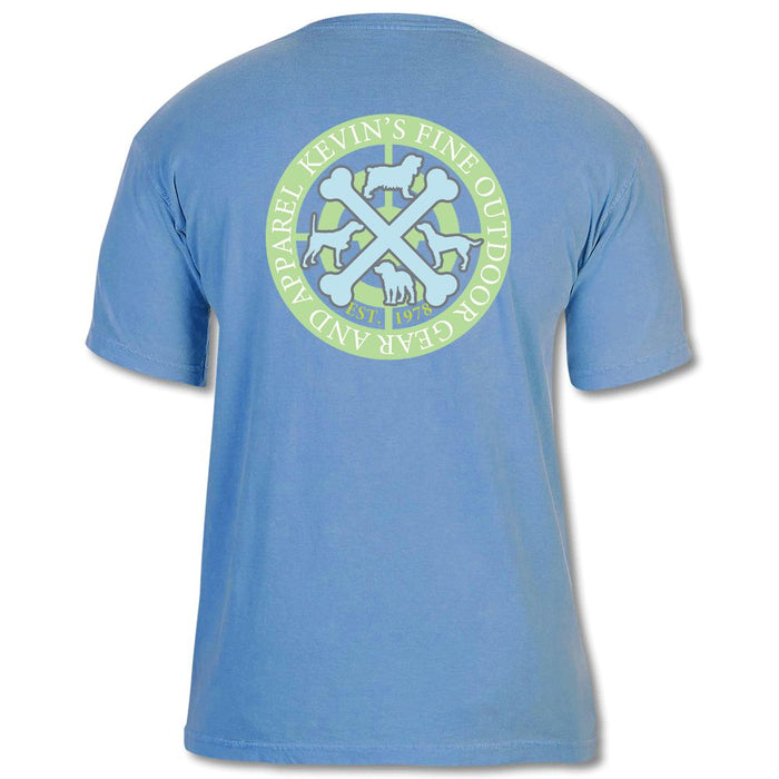 Blue Comfort Colors short sleeve t-shirt featuring a dog bone circle logo graphic on the back.