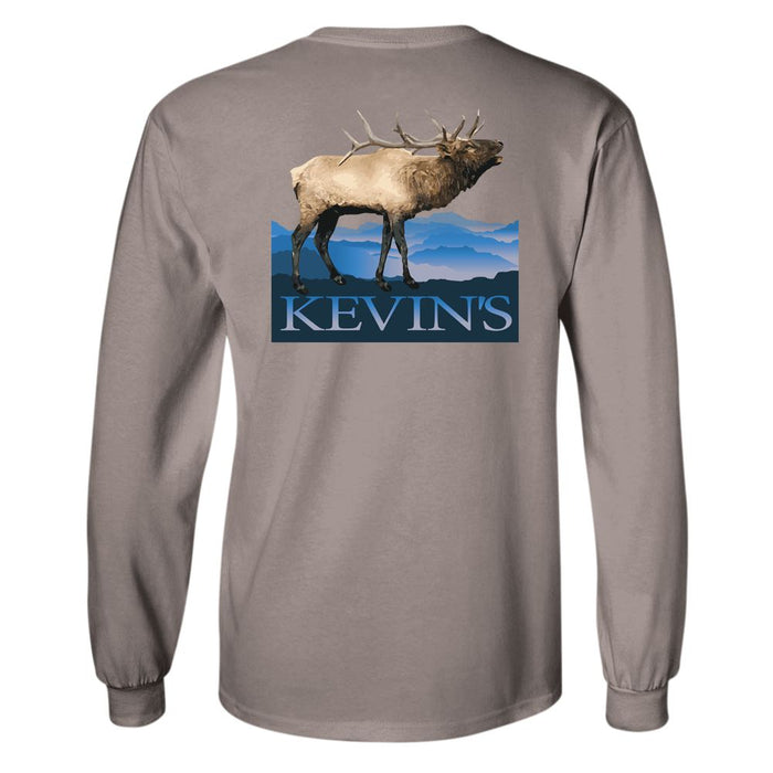 Taupe long sleeve cotton t-shirt featuring a back graphic of an elk in mountain scenery with Kevin's branding.