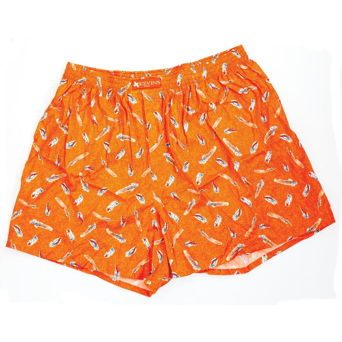 Kevin's Finest orange boxer shorts in soft Egyptian cotton with an exclusive feather print pattern and elastic waistband.