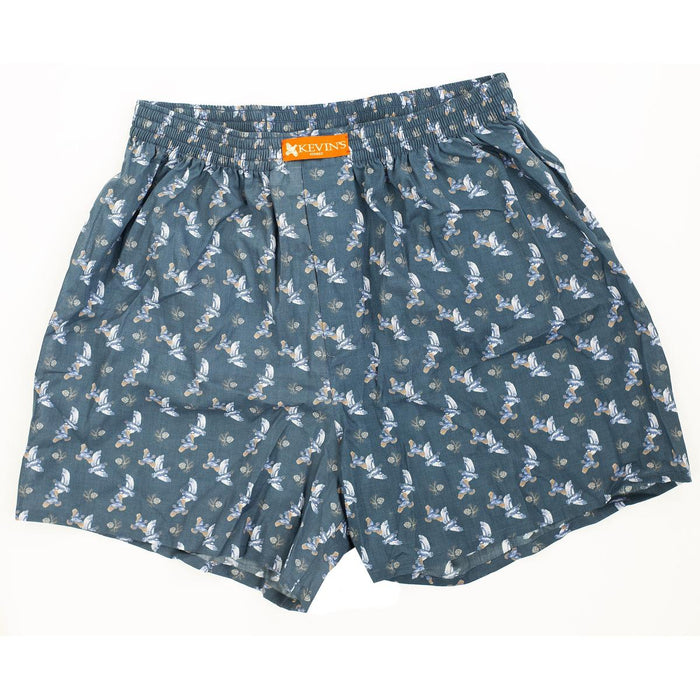 Kevin's Finest blue Egyptian cotton boxers featuring an exclusive bird and pinecone artwork print and an elastic waistband.