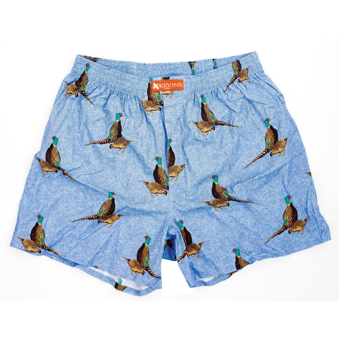 Blue Egyptian cotton boxers featuring a pheasant print pattern and Kevin's Finest branded elastic waistband.