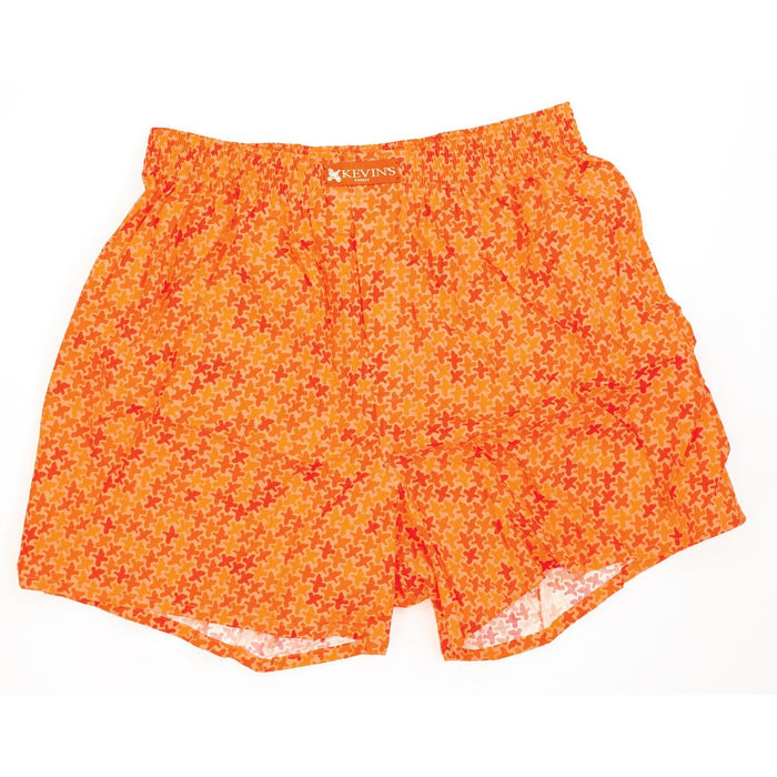 Kevin's Finest orange Egyptian cotton boxer shorts featuring a repeating cross pattern and an elastic waistband.