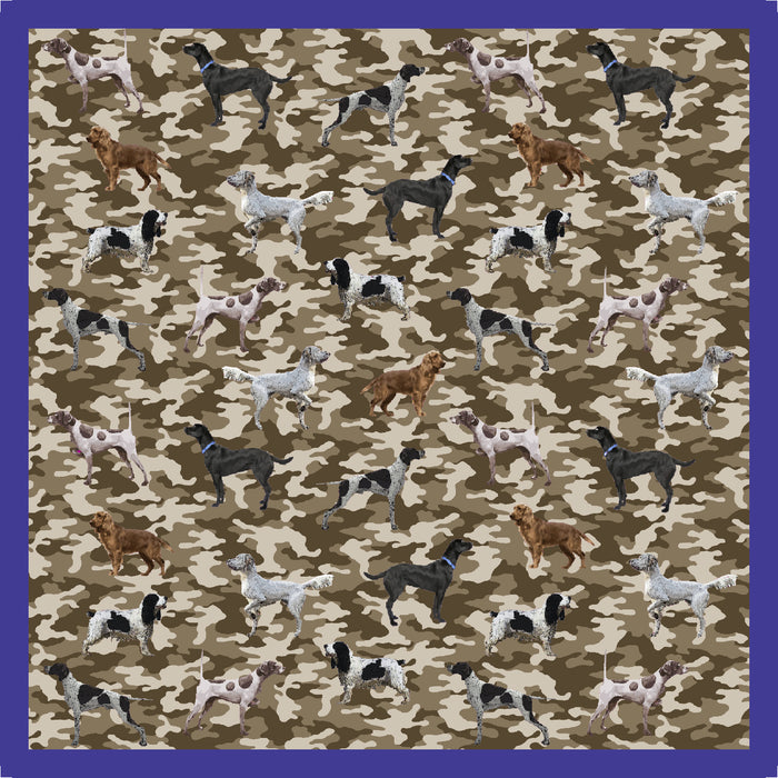 25-inch Italian-crafted bandana featuring a camouflage background with a repeating pattern of various hunting dog breeds.