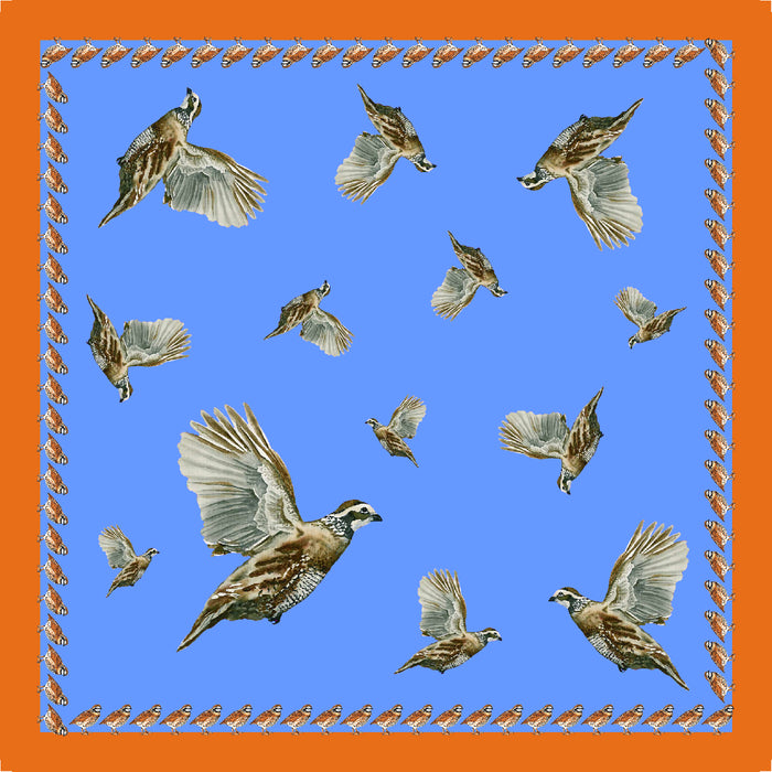 Blue Italian-crafted bandana with a vibrant orange border and detailed flying quail sporting motifs, 25 x 25 inches.