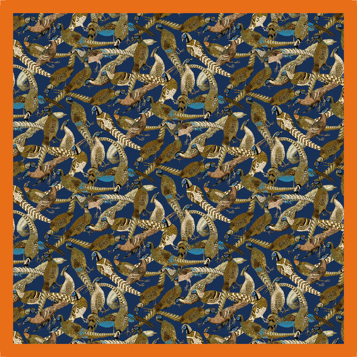 25-inch Italian-made bandana featuring a pheasant sporting motif on a navy blue background with an orange border.