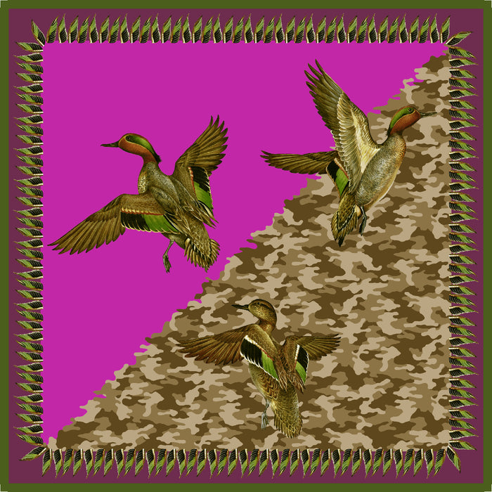 25-inch Italian-made bandana featuring flying ducks, camouflage patterns, and a vibrant magenta background with a leaf border.