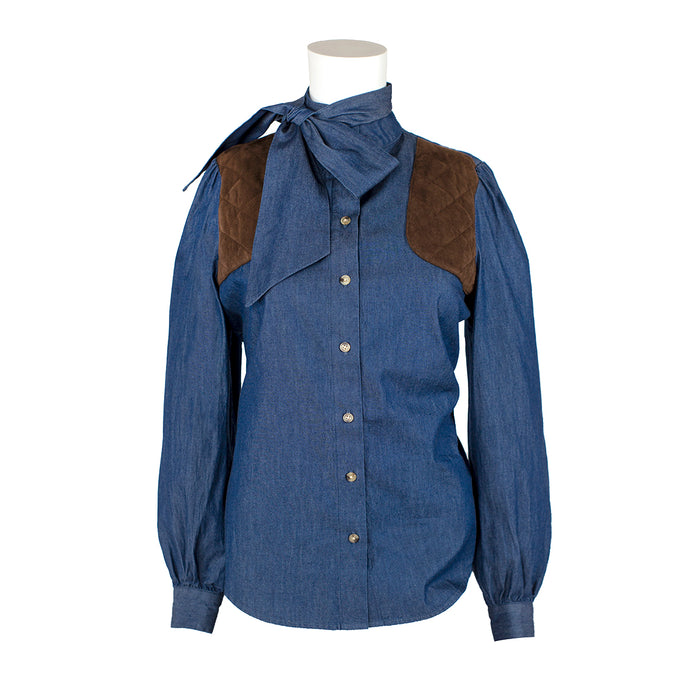 Blue denim blouse with long puff sleeves, brown quilted shoulder patches, and a stylish neck tie detail.