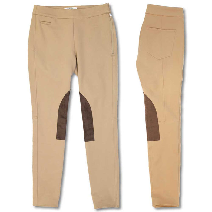 Tan Ponte knit riding pants with side zip, high waist, and dark brown knee patches, shown from front and back views.