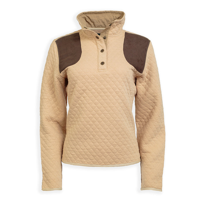 Tan quilted pullover with brown shoulder patches, mock neck, and snap button closure in a soft cotton blend.