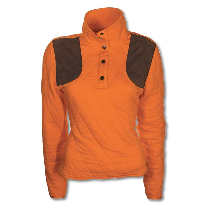 Orange quilted pullover with brown shoulder patches, mock neck, and snap-button closure for outdoor comfort.