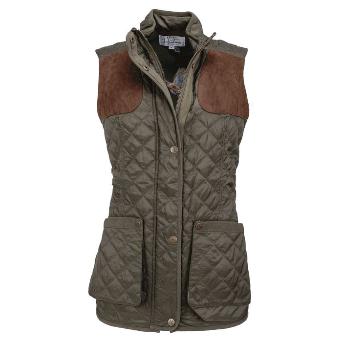 Olive green quilted vest with brown microsuede shoulder patches, zip and snap button closure, and front welt pockets.