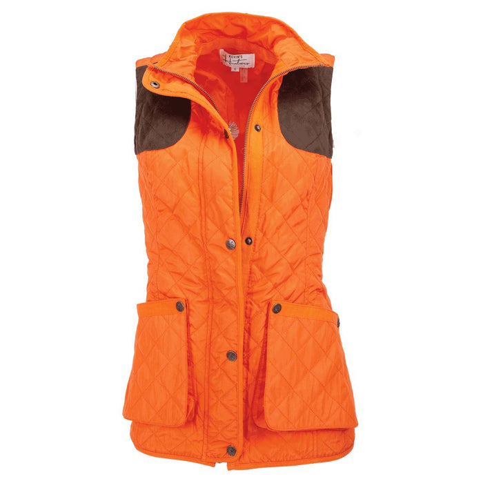 Orange quilted vest with brown microsuede shoulder patches, zip and snap button closure, and front pockets.