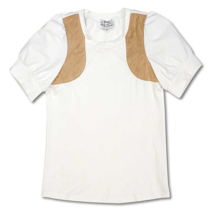 White cotton knit shooting tee with puff sleeves, scoop neck, and tan quilted shoulder patches.