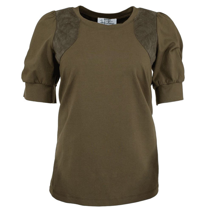 Olive green cotton knit shooting tee with puff sleeves and quilted shoulder patches for women.