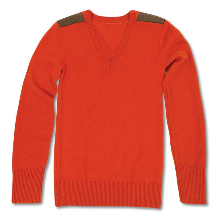 Orange lambswool V-neck sweater featuring brown suede shoulder patches and ribbed cuffs against a white background.