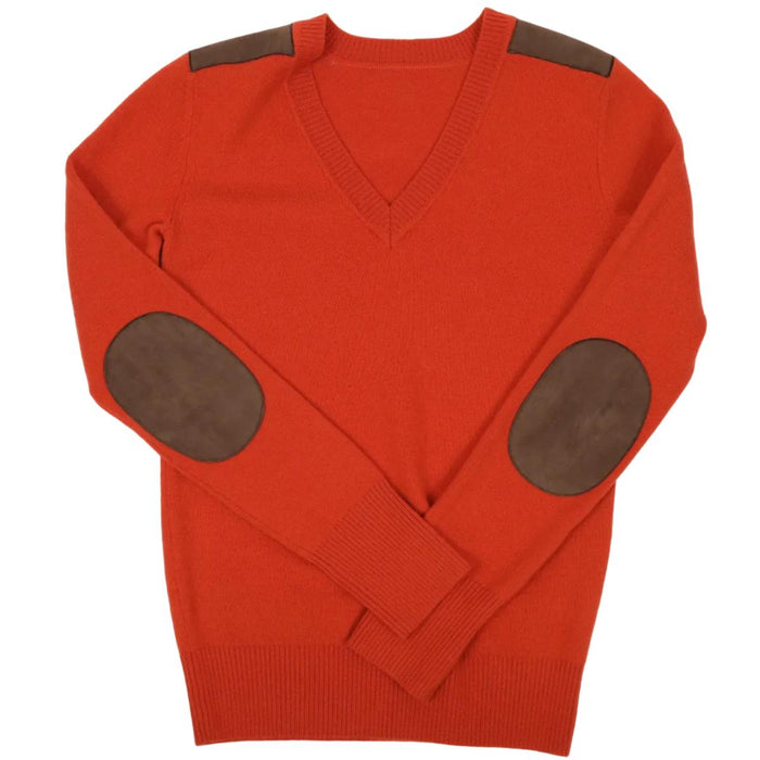 Orange lambswool V-neck sweater featuring brown suede shoulder and elbow patches.
