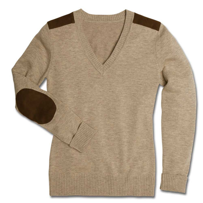 Tan lambswool V-neck sweater with dark brown suede shoulder and elbow patches.