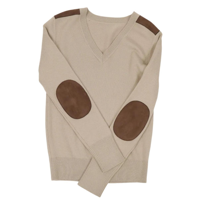 Beige lambswool V-neck sweater with brown suede shoulder patches and elbow patches.