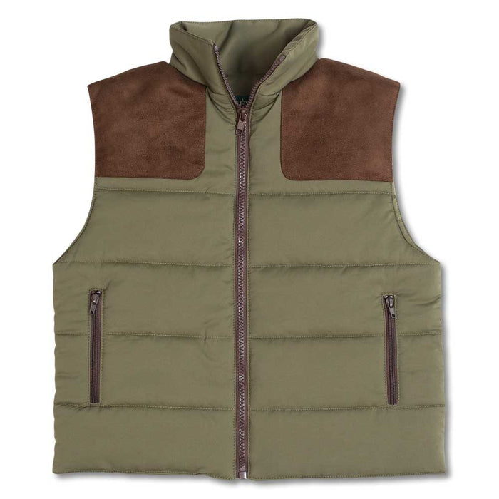 Olive green kids puffer vest with brown suede shoulder patches and a full-length front zipper.