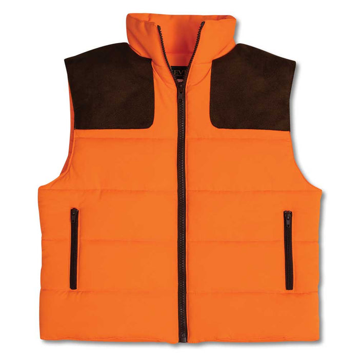 Kids' bright orange puffer vest with brown shoulder patches, full-length zipper, and two zippered side pockets.