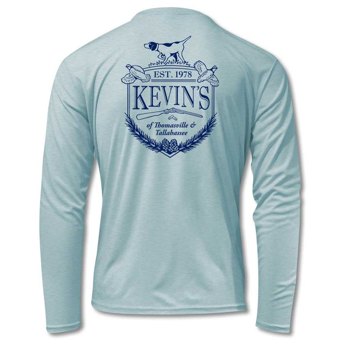 Light blue long-sleeve performance t-shirt featuring a dark blue Kevin's crest logo with hunting imagery on the back.