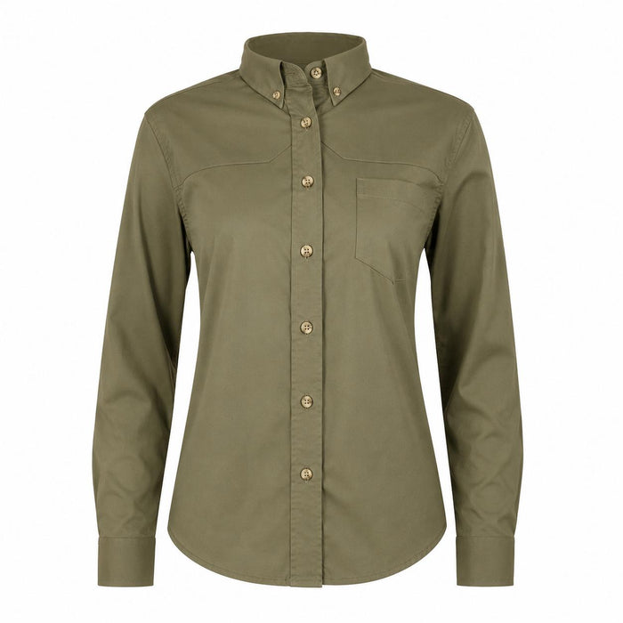 Olive green ladies' performance shooting shirt with a button-down collar, long sleeves, and non-padded shoulder patches.