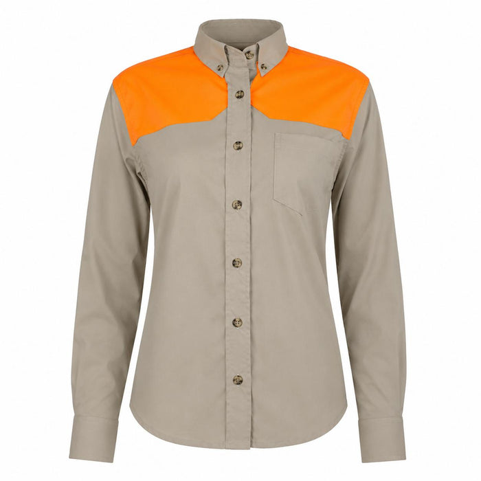 Ladies' tan performance shooting shirt with bright orange shoulder patches, button-down collar, and front chest pocket.