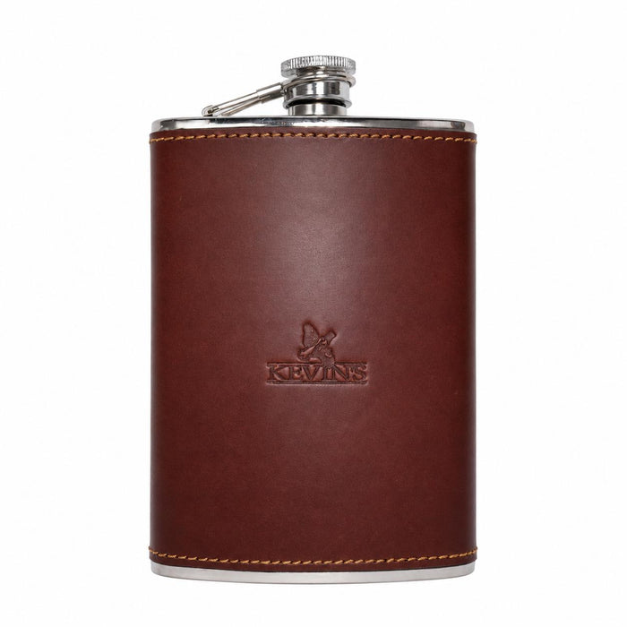 8 oz stainless steel flask wrapped in brown cowhide leather with an embossed Kevin's quail logo.