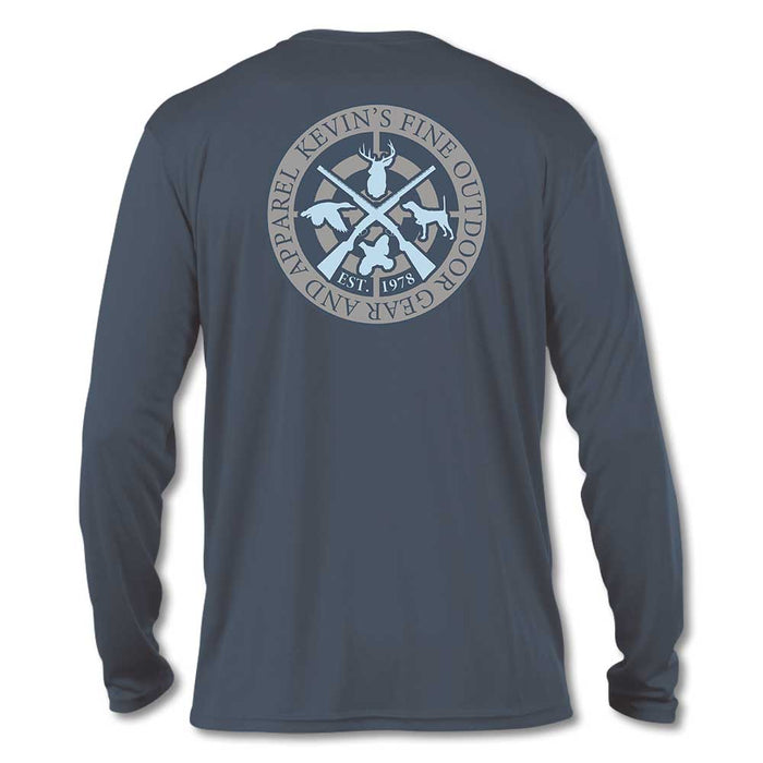 Navy blue long-sleeve performance shirt with a circular Kevin's Fine Outdoor Gear logo graphic on the back.