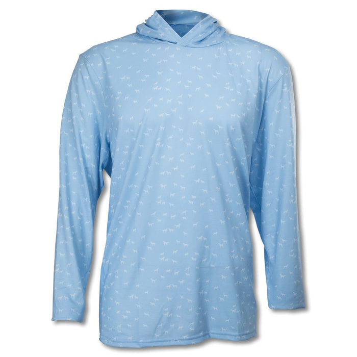 Light blue long-sleeve performance hoodie with a white hunting dog pattern, crafted from lightweight, moisture-wicking fabric.