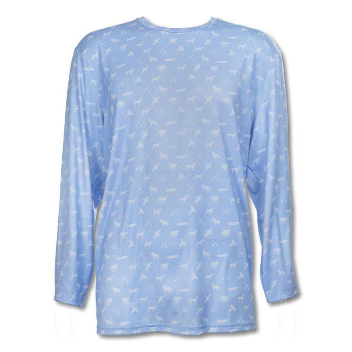 Light blue long-sleeve performance tee with a white repeating pattern of hunting dogs and crossed shotguns.