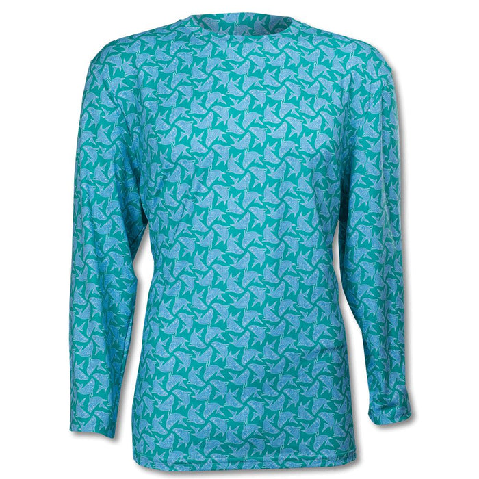 Teal long sleeve performance tee with a light blue tarpon fish pattern, made from lightweight moisture-wicking fabric.