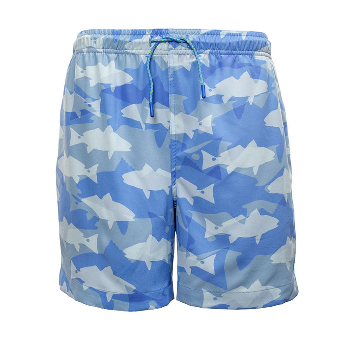 Men's blue performance swim trunks with a fish-themed camo pattern, elastic waistband, and drawstring.