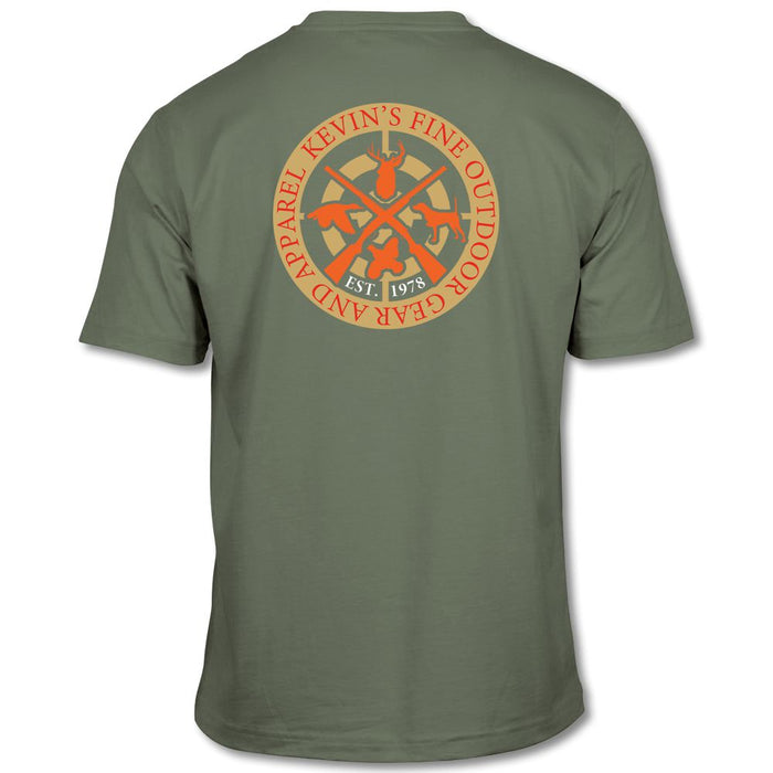 Olive green Comfort Colors cotton t-shirt featuring an orange crossed guns logo with outdoor wildlife illustrations.