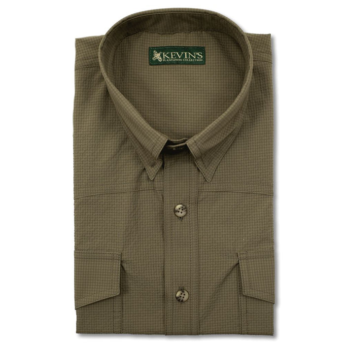 Olive green short-sleeve performance seersucker shirt with western-style chest pockets and authentic horn buttons.