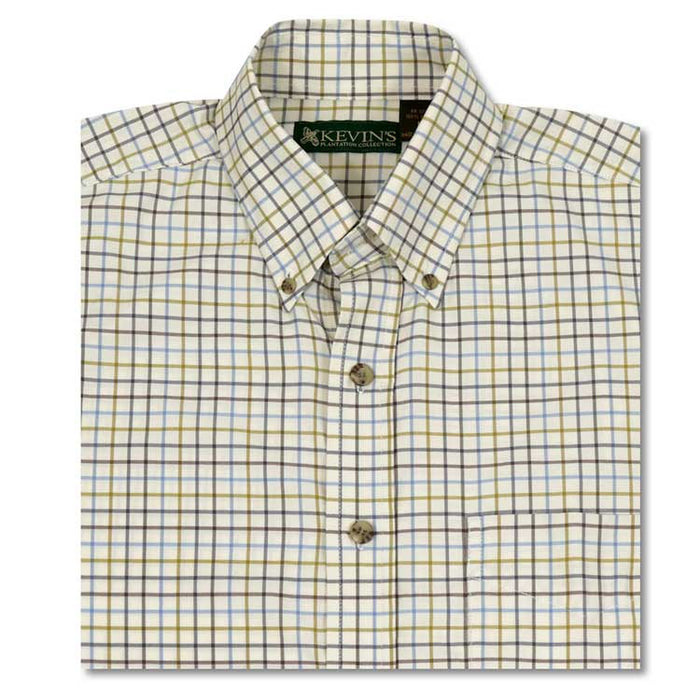 Kevin's performance long-sleeve dress shirt in a cream, blue, and olive tattersall check pattern with a button-down collar.