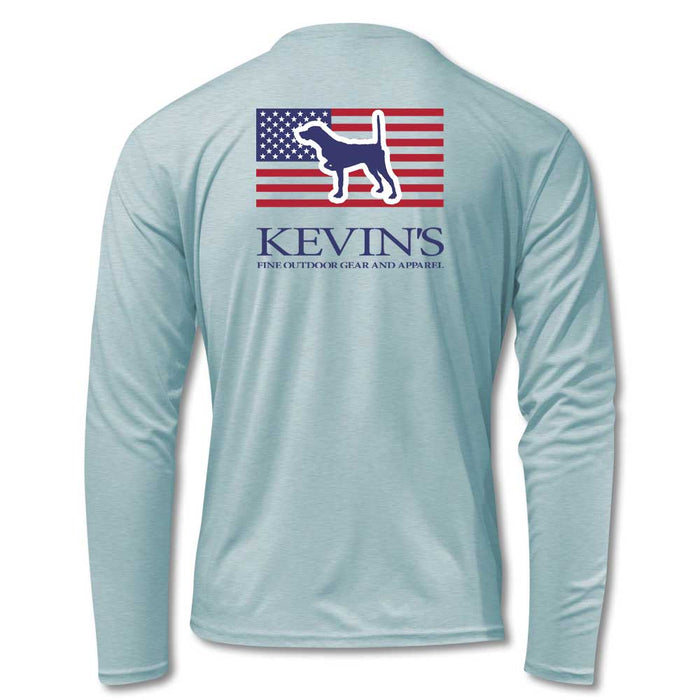 Light blue long-sleeve performance shirt featuring a pointer dog and American flag graphic on the back.